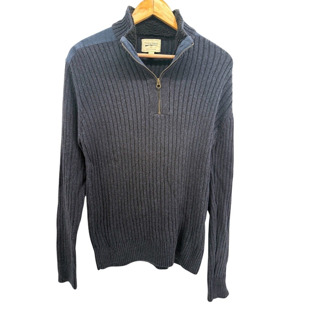 Field & Stream Mens Navy Blue Ribbed 1/4 Zip Cotton Sweater Sherpa Neck Large